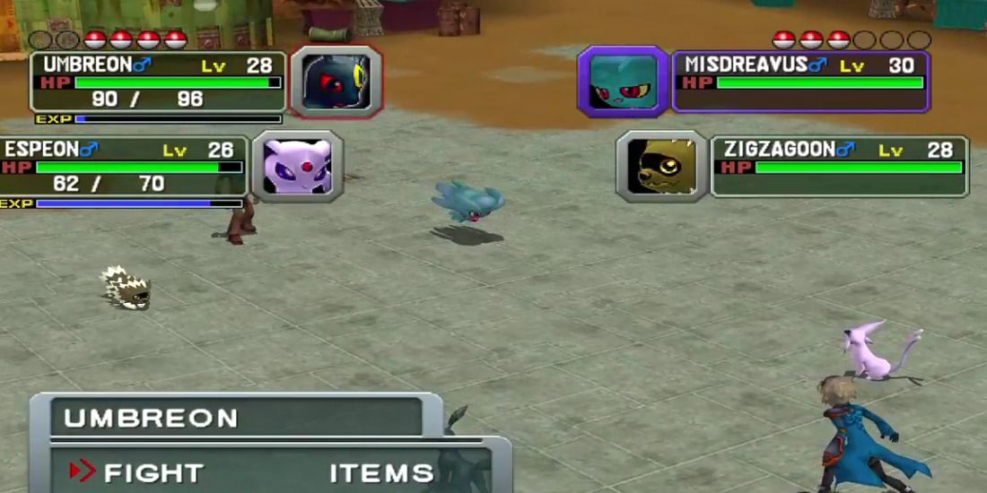 A battle featuring many Johto favorites like Misdreavus and Umbreon in Pokémon Colosseum