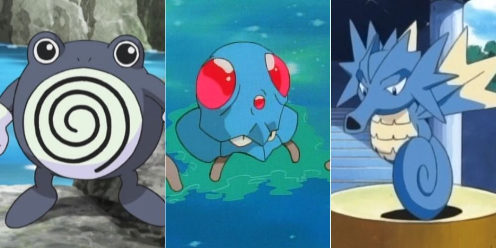 Poliwhirl, Tentacool and Seadra from the Pokemon anime