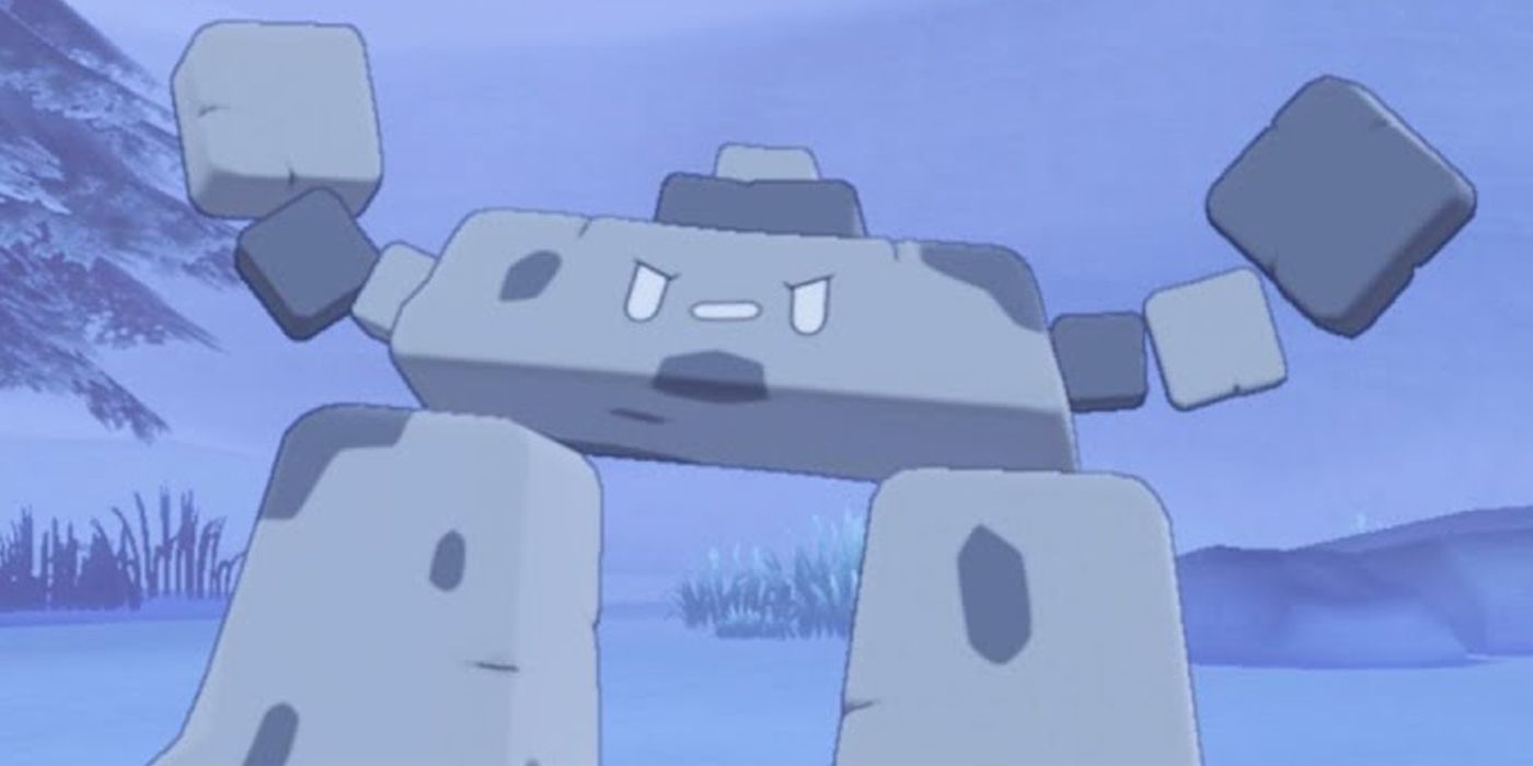 Stonjourner looking annoyed with both arms in the air.