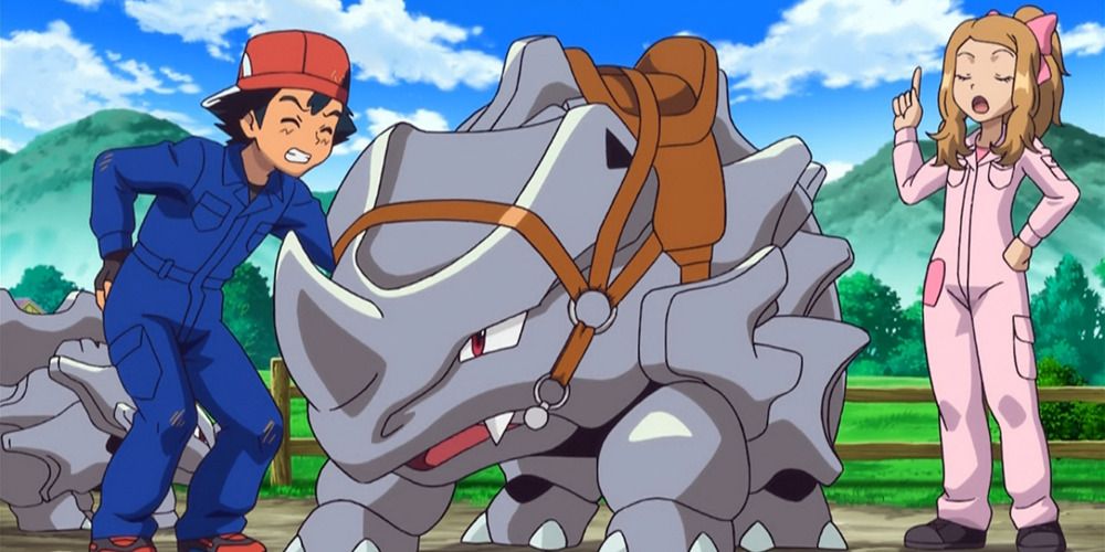 Ash's failed attempt at riding a Rhyhorn in the X and Y anime