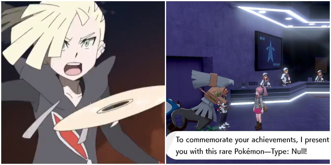 Gladion from the Pokémon anime throwing a memory to Silvally, and a Type: Null in the Galar Battle Tower