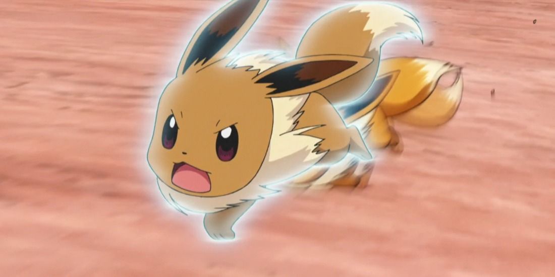 An Eevee glowing with strength as it uses Quick Attack in the Pokémon anime