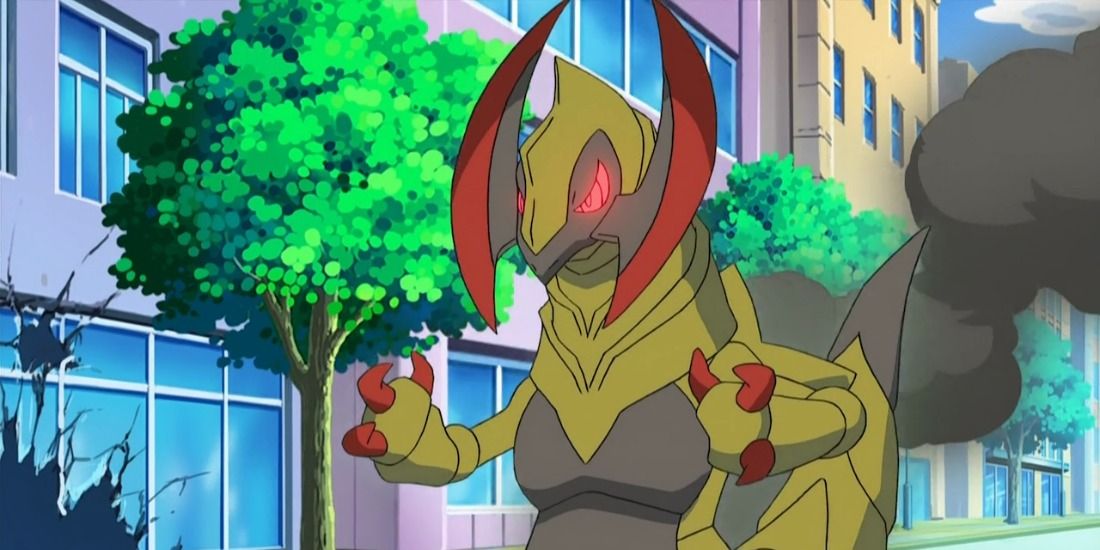 A Haxorus destroying a city in the Pokémon anime