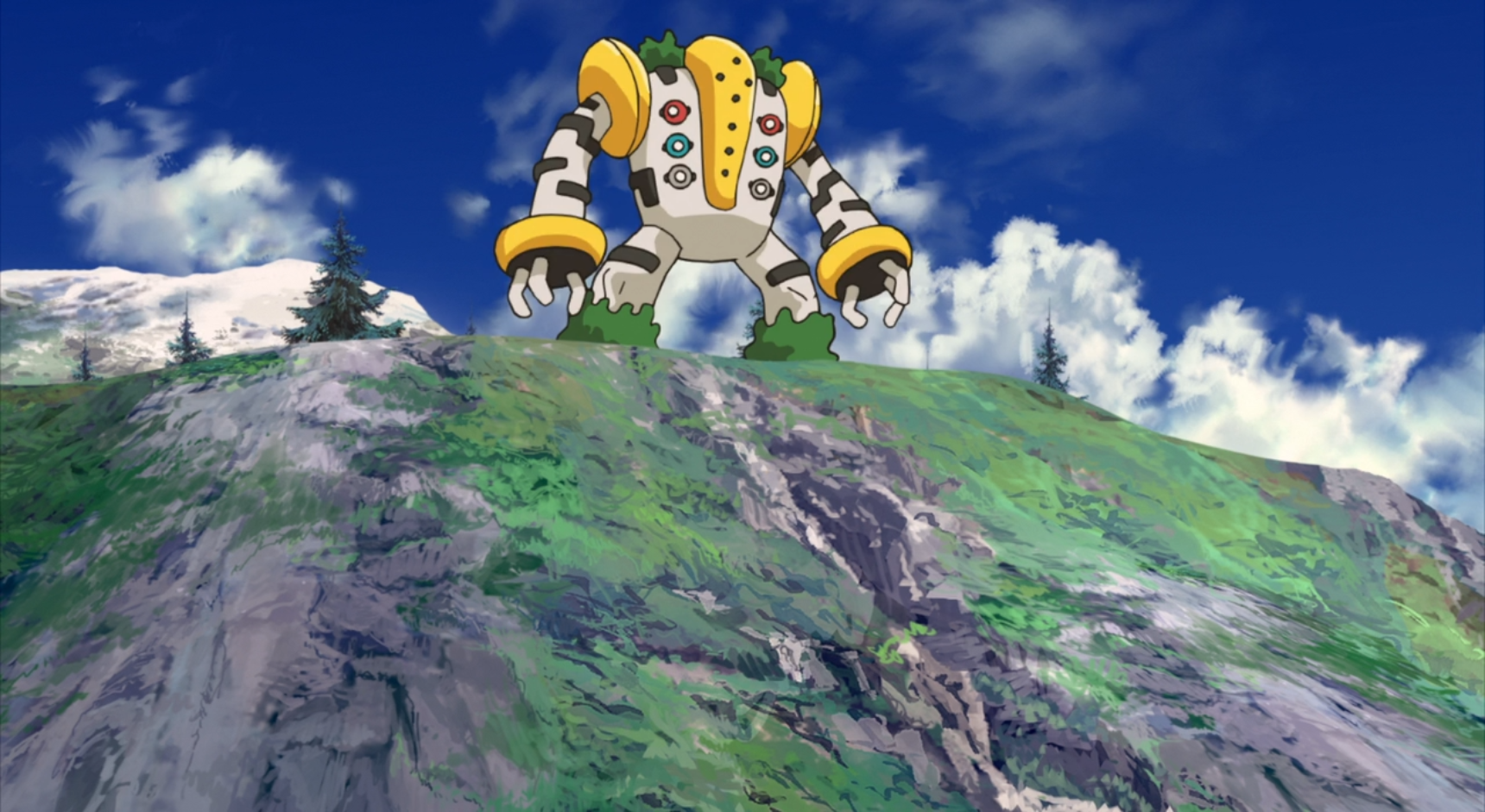 Legendary Pokémon Regigigas stands atop a hill in the anime.