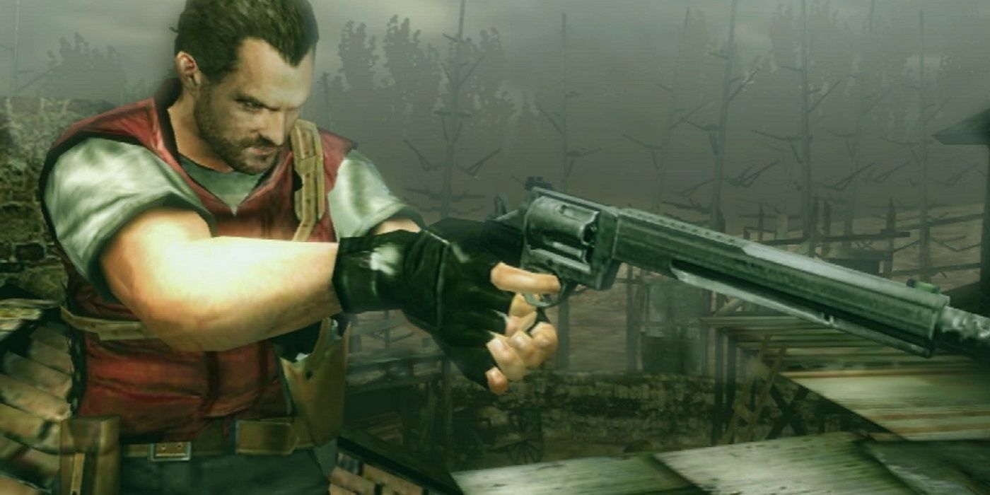 Barry Burton aims a gun in Resident Evil