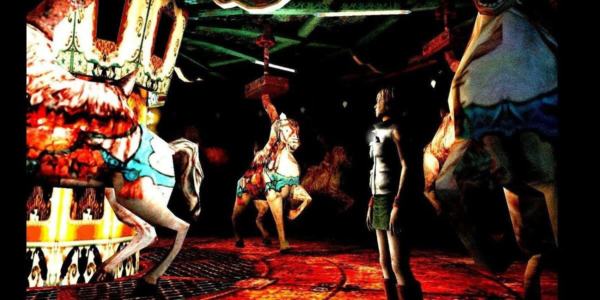 Heather Mason looking at horses in Silent Hill 3
