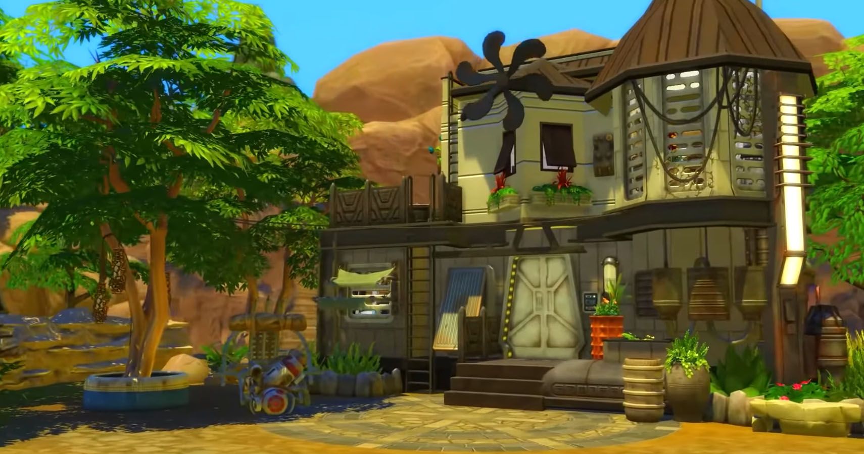 A steampunk vibed small home in the Resistance camp on Batuu in The Sims 4.