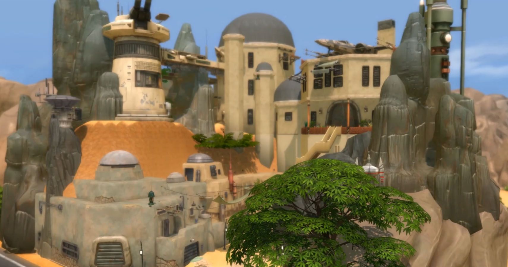 A desert town build with small buildings, inspired by Naboo from Star Wars
