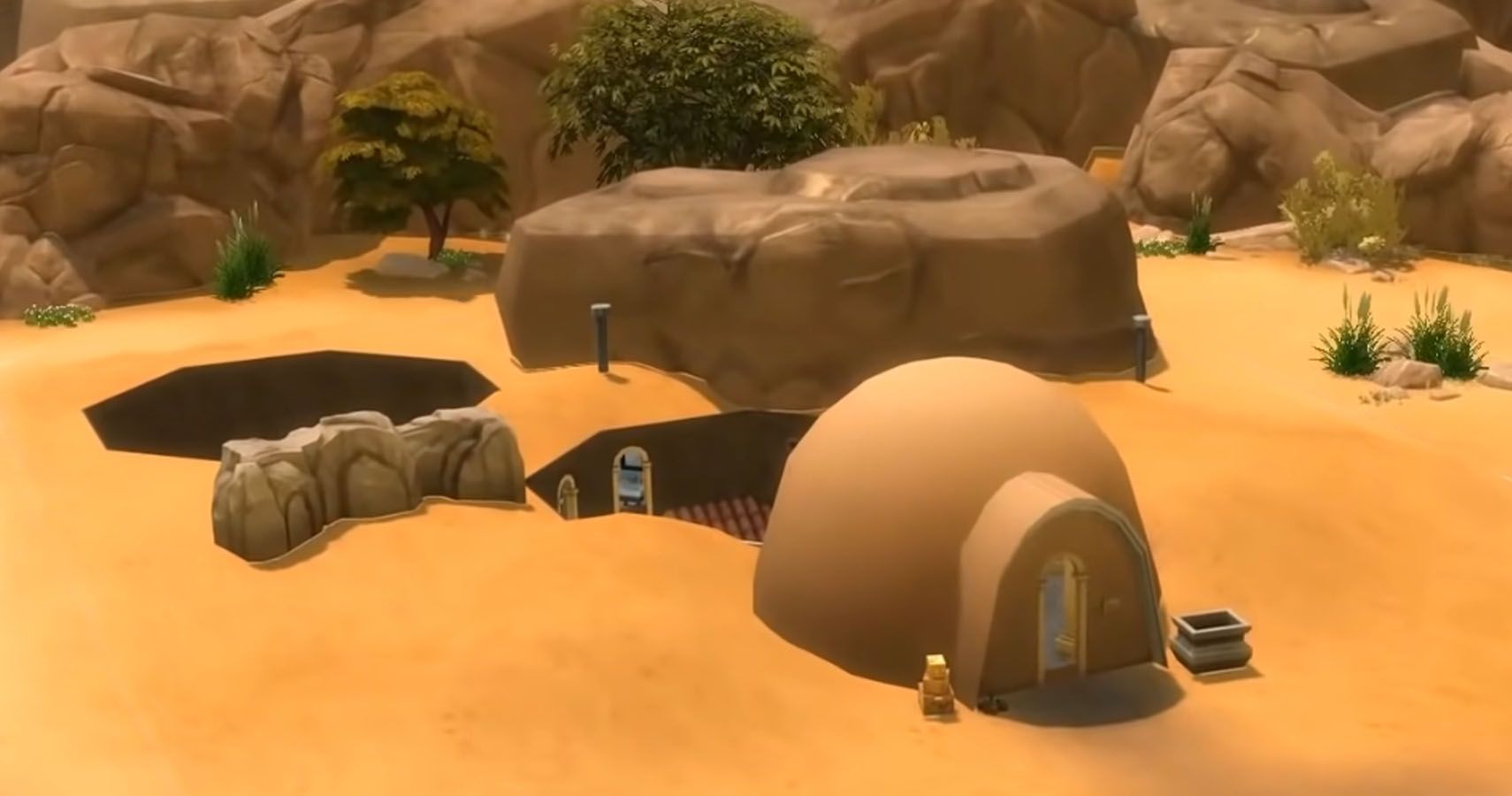 A home mainly underground in Oasis Springs. Just visible are two holes and a large domed structure.
