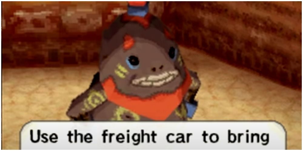 A Goron explaining to Link that he needs to use the freight car on his train.