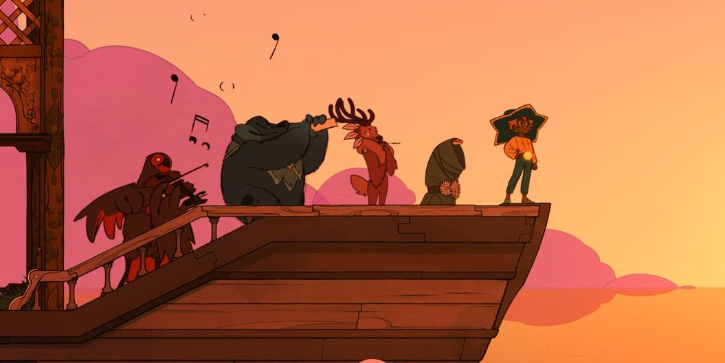 The Front Of The Spiritfarer Boat With 4 Spirits, Atul, Gwen, Summer, and Gustav