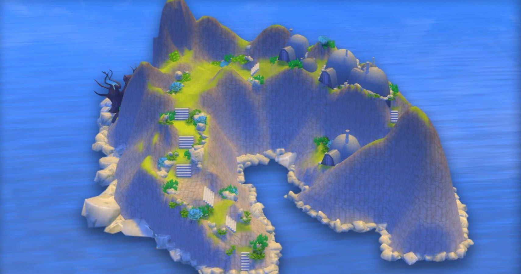Ahch-To recreated in The Sims 4 in an ocean.