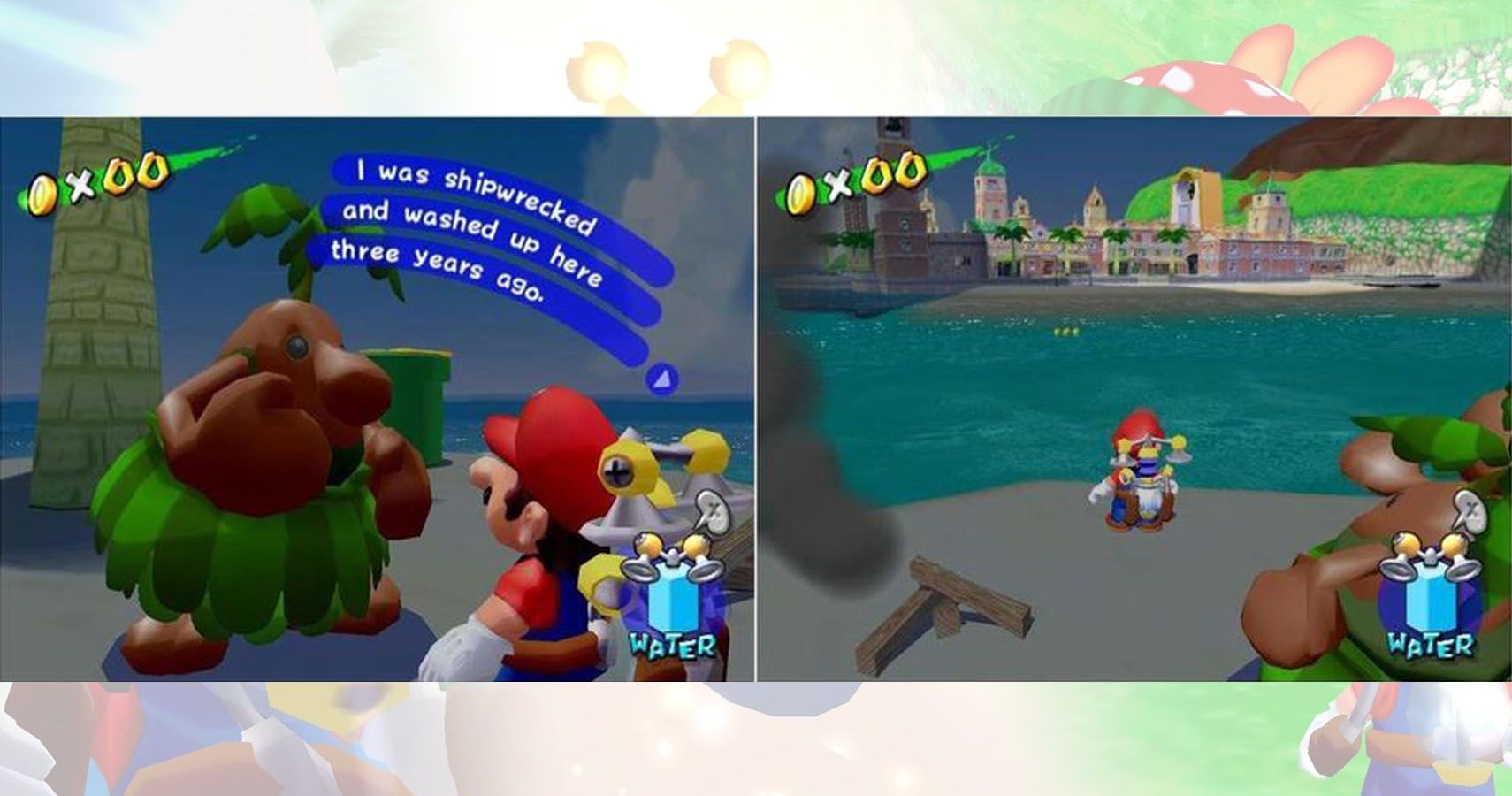 Delfino resident on a tiny island telling Mario he was shipwreacked 3 years ago. The right hand side shows Mario turn around to see Delfino across a small amount of water.