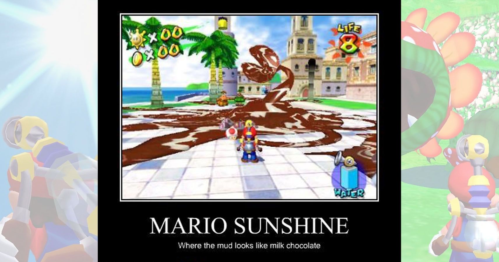A photo of a piranha plant boss covered in swirls of mud saying "mario sunshine, the only game where the mud looks like chocolate"