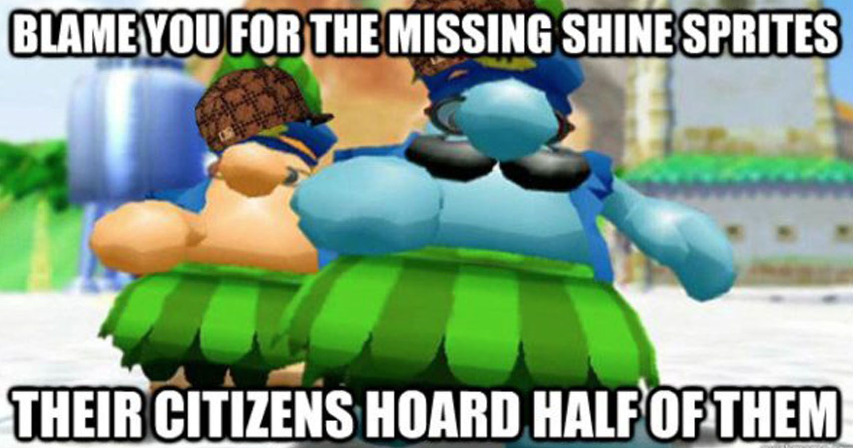 Image of Delfino's mayor saying "blame you for the missing shine sprites. Their citizens hoard half of them"
