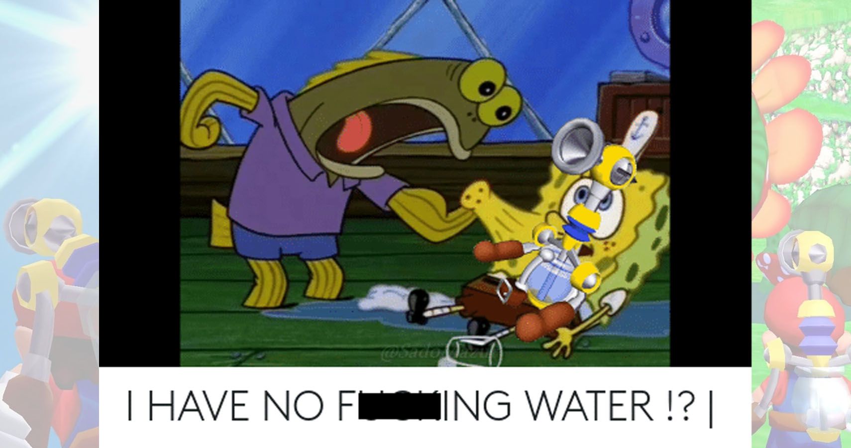 Customer angry at Spongebob with F.L.U.D.D in place of Spongebob saying "I have no f**ing water"