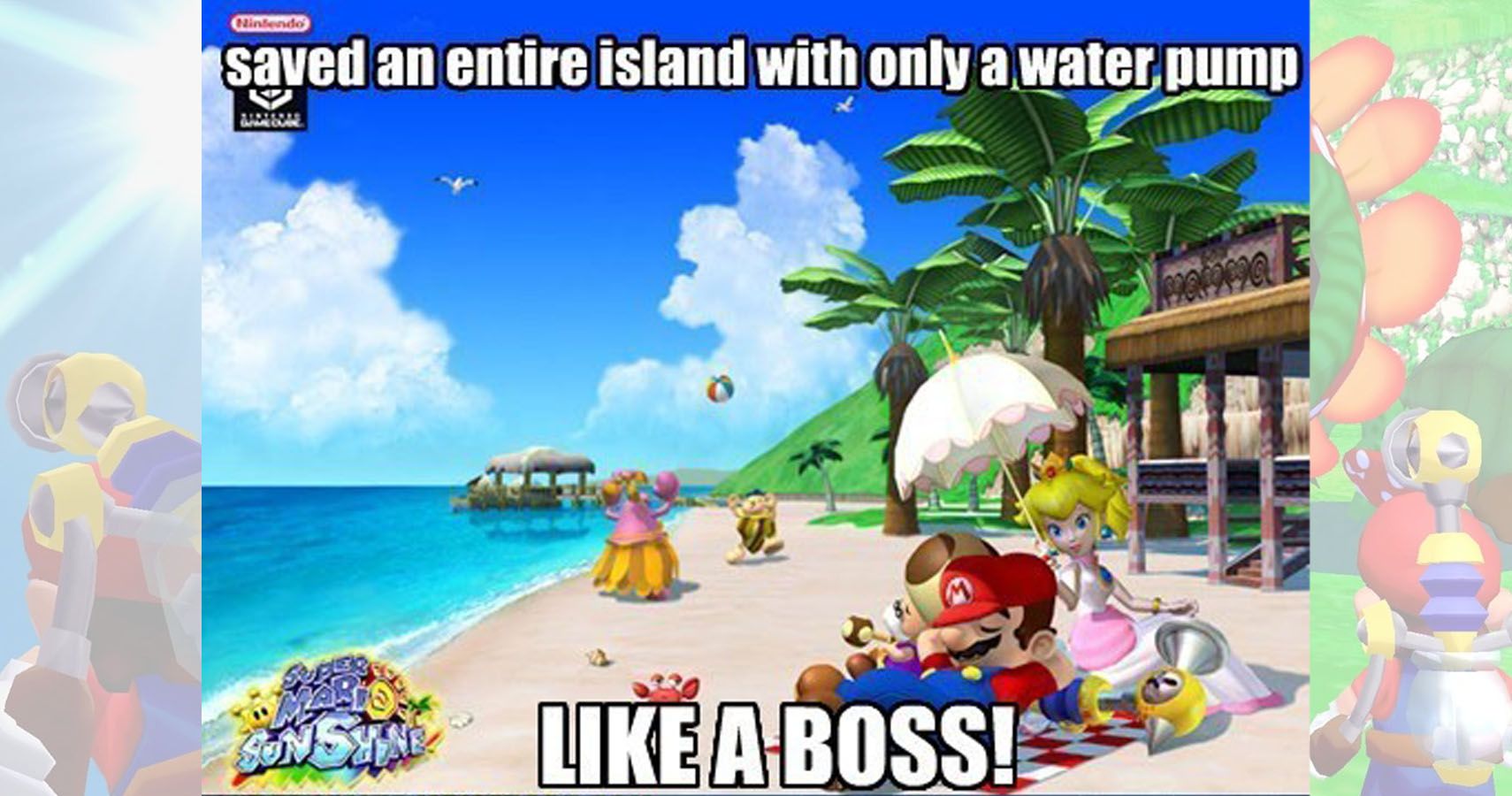 Mario relaxing on an island with peach and the caption "just saved an entire isalnd with a water jet... like a boss."