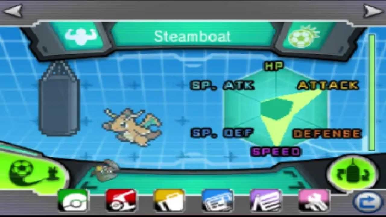A Dragonite with the punching bag on the Super Training screen.