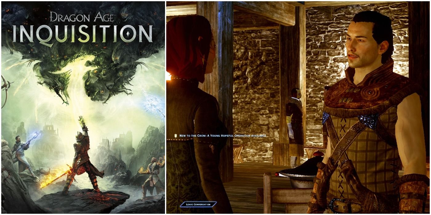 image of the Dragon Age: Inquisition promo poster next to an image of Donal Sutherland in Skyhold talking to the Inquisitor