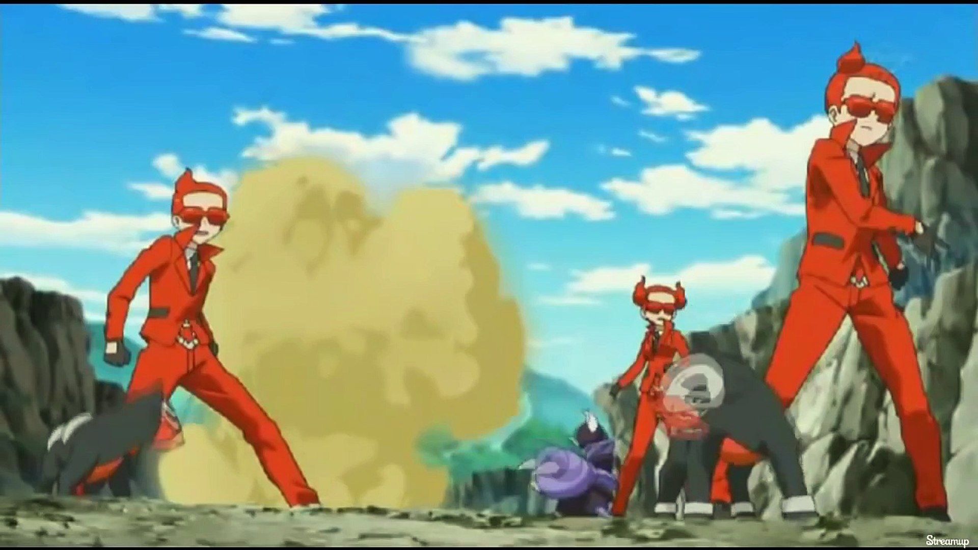 Team Flare members with a Skorup and two Houndour in the anime. 