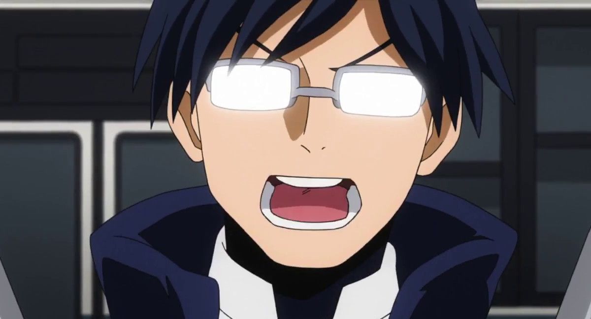 Tenya Iida from My Hero Academia with his glasses glowing and his mouth agape