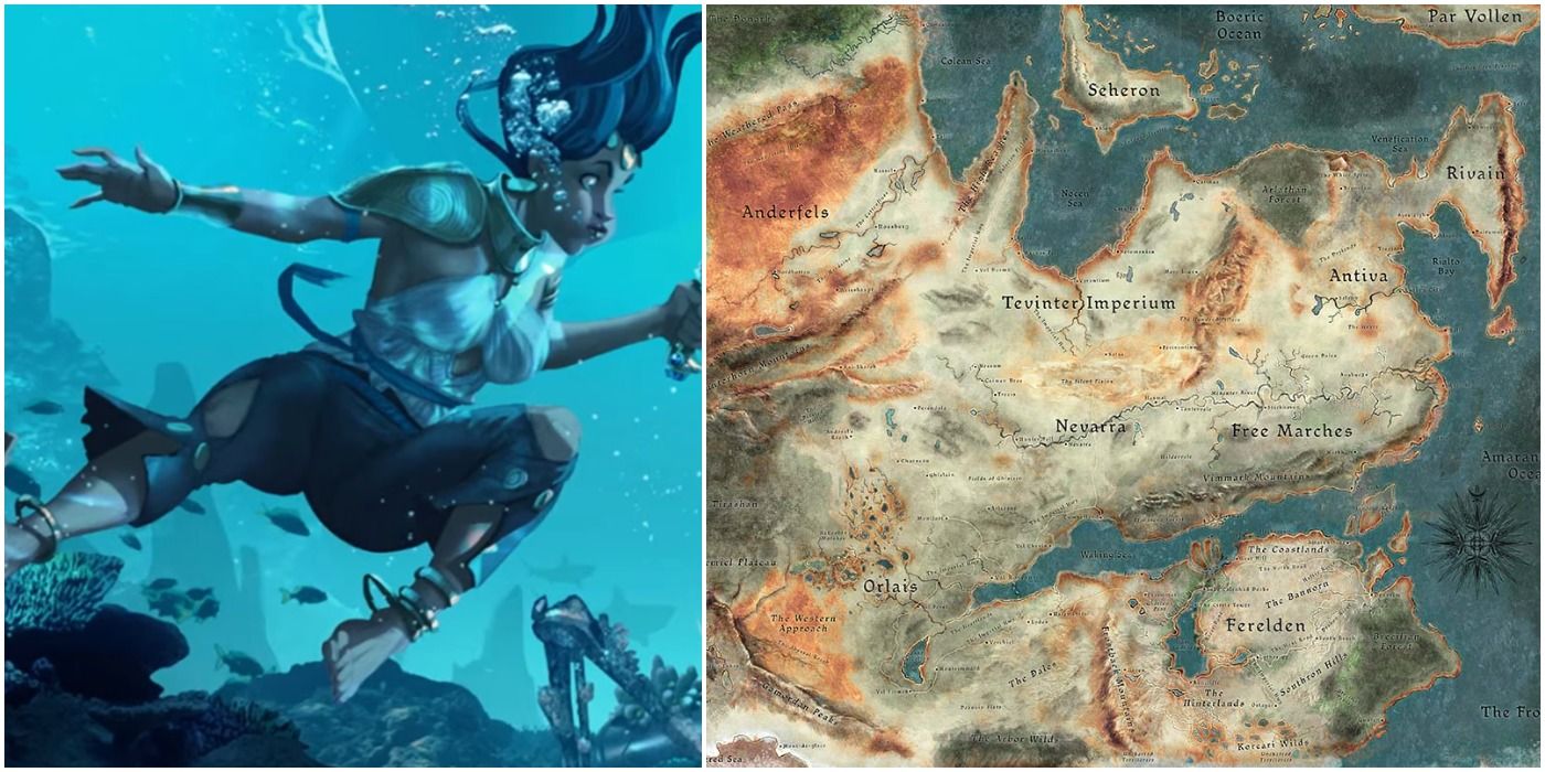 image of Dragon Age 4 character underwater next to a map of Thedas