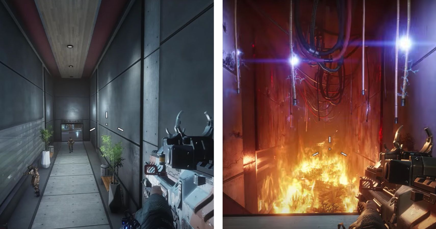 A Titanfall 2 hallway in the past compared to the same area in the game's present.