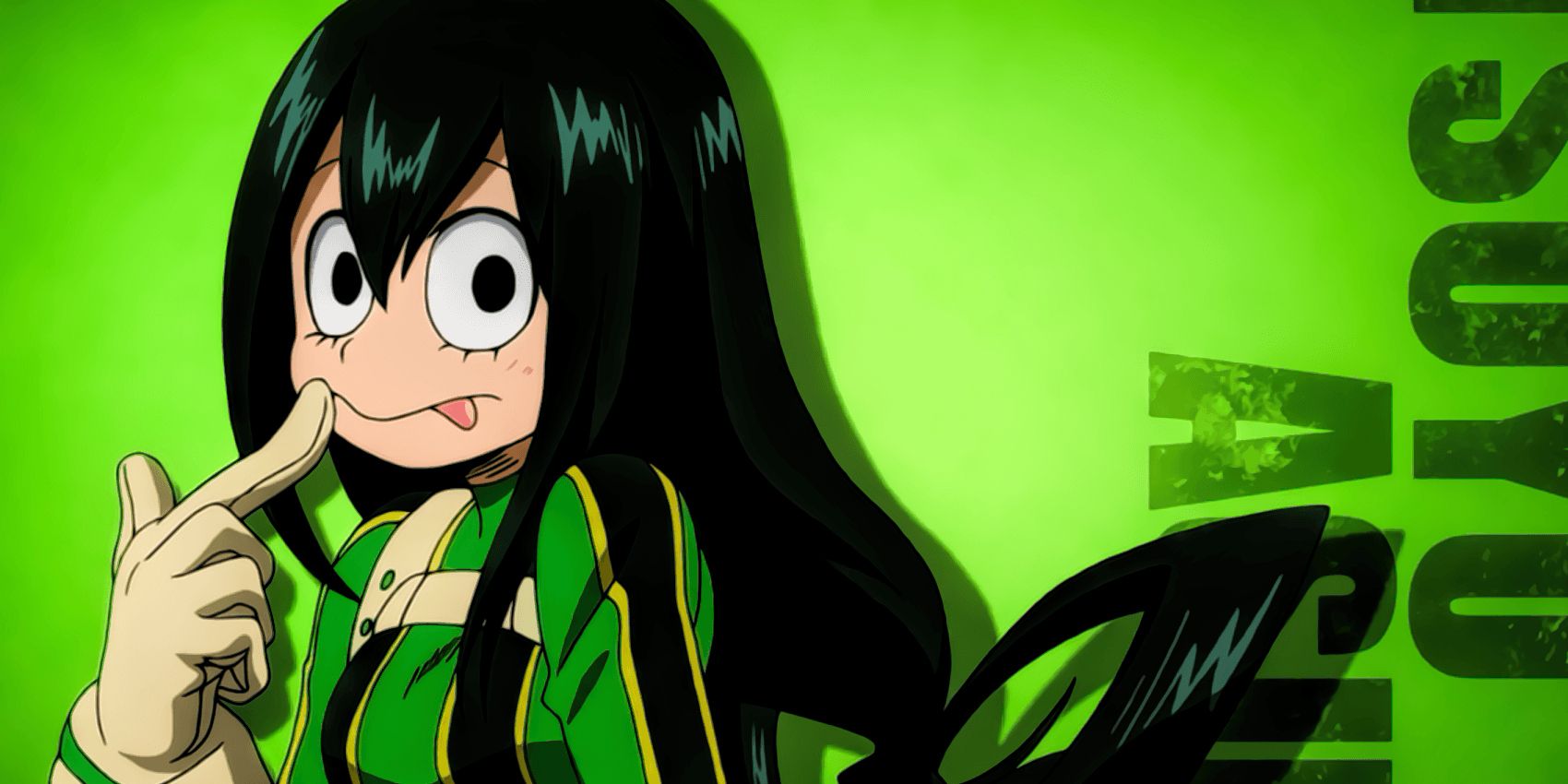 Tsuyu Asui from My Hero Academia against a green background with her name printed on it