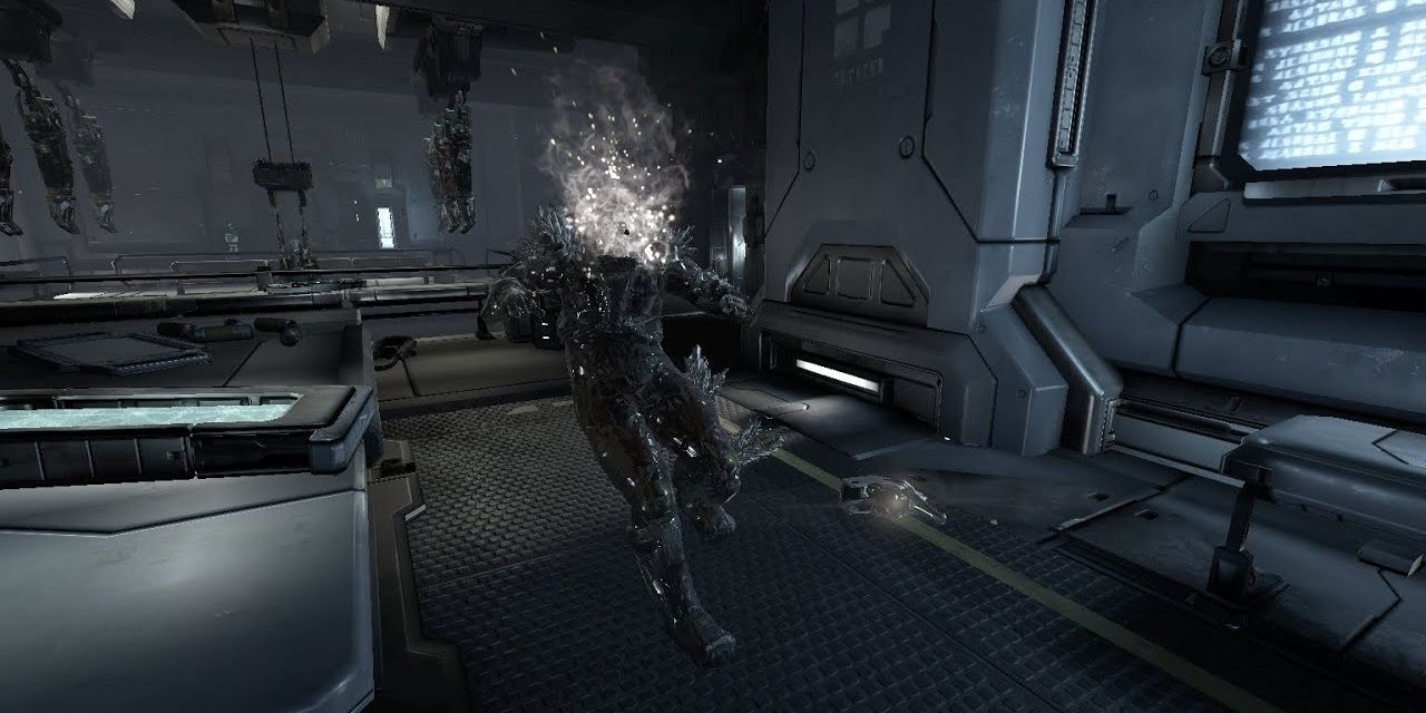 Warframe Glassed Corpus crime scene target.