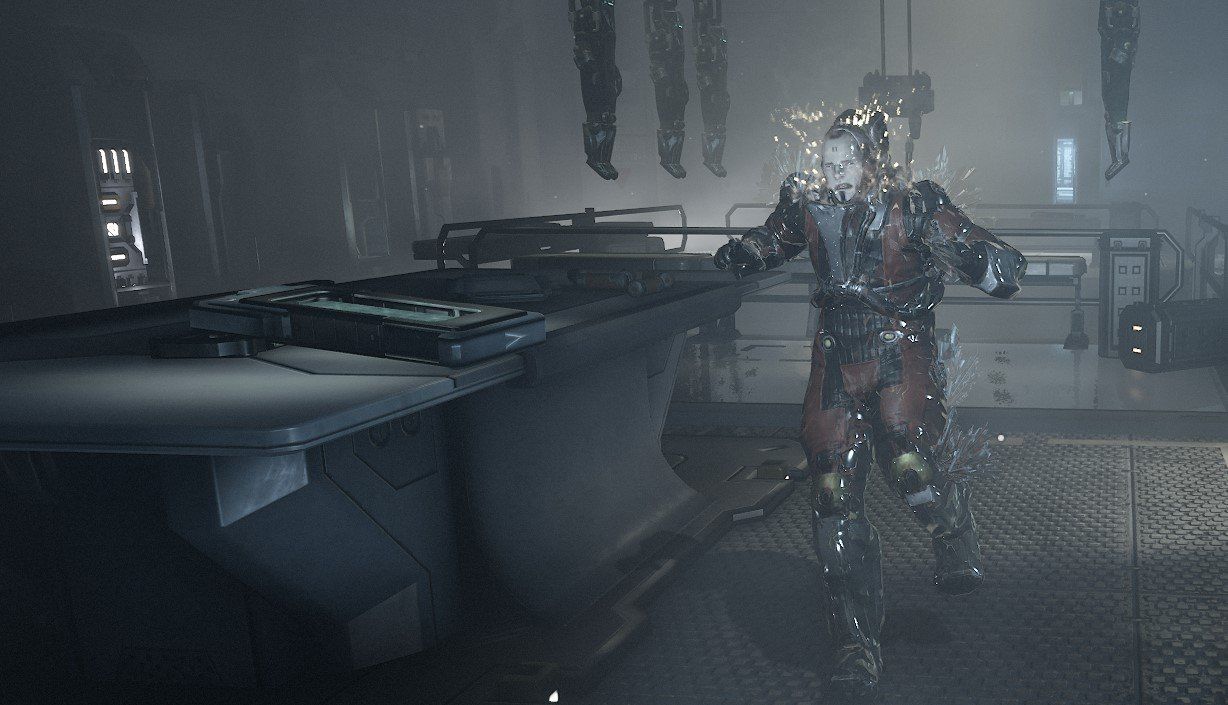 Warframe Crime-Simula Scene with glassed Corpus.