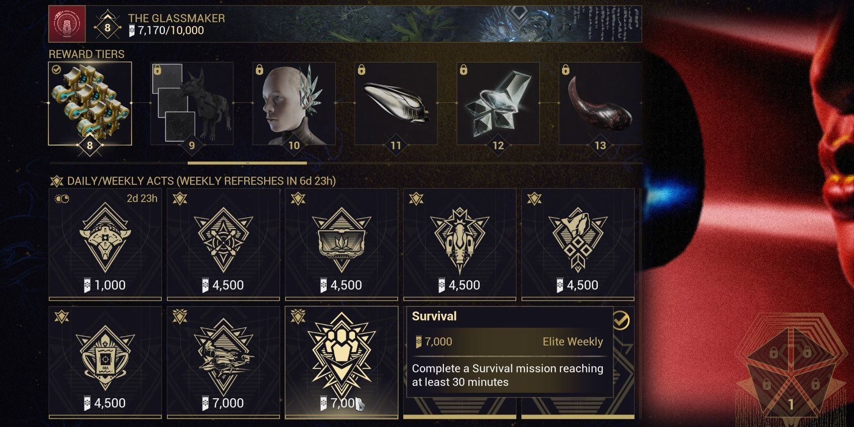 Warframe Nightwave Series 3 Survival mission challenge and other challenges. From Cephalon Squared.
