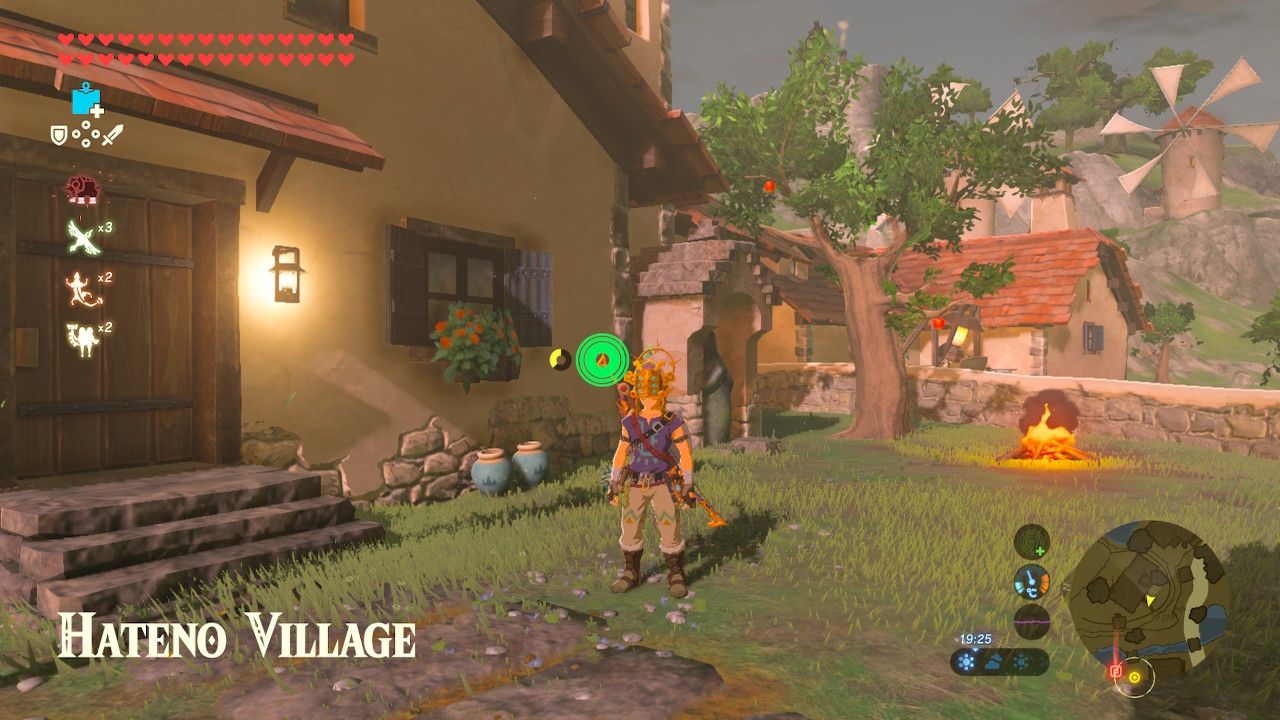 Link in Hateno Village with his stamina wheel showing.