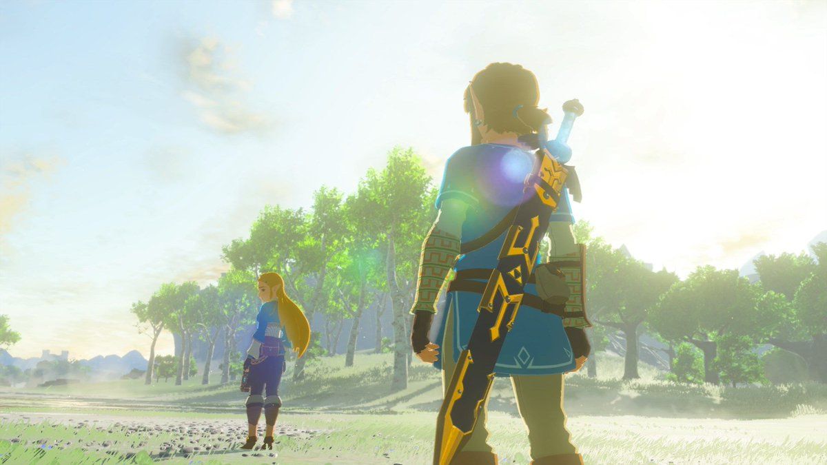Link stares at Zelda during a cutscene in Breath of the Wild.
