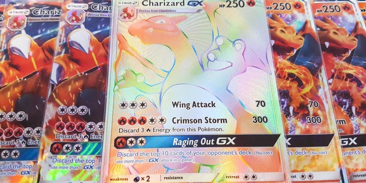 A row of Charizard TCG cards