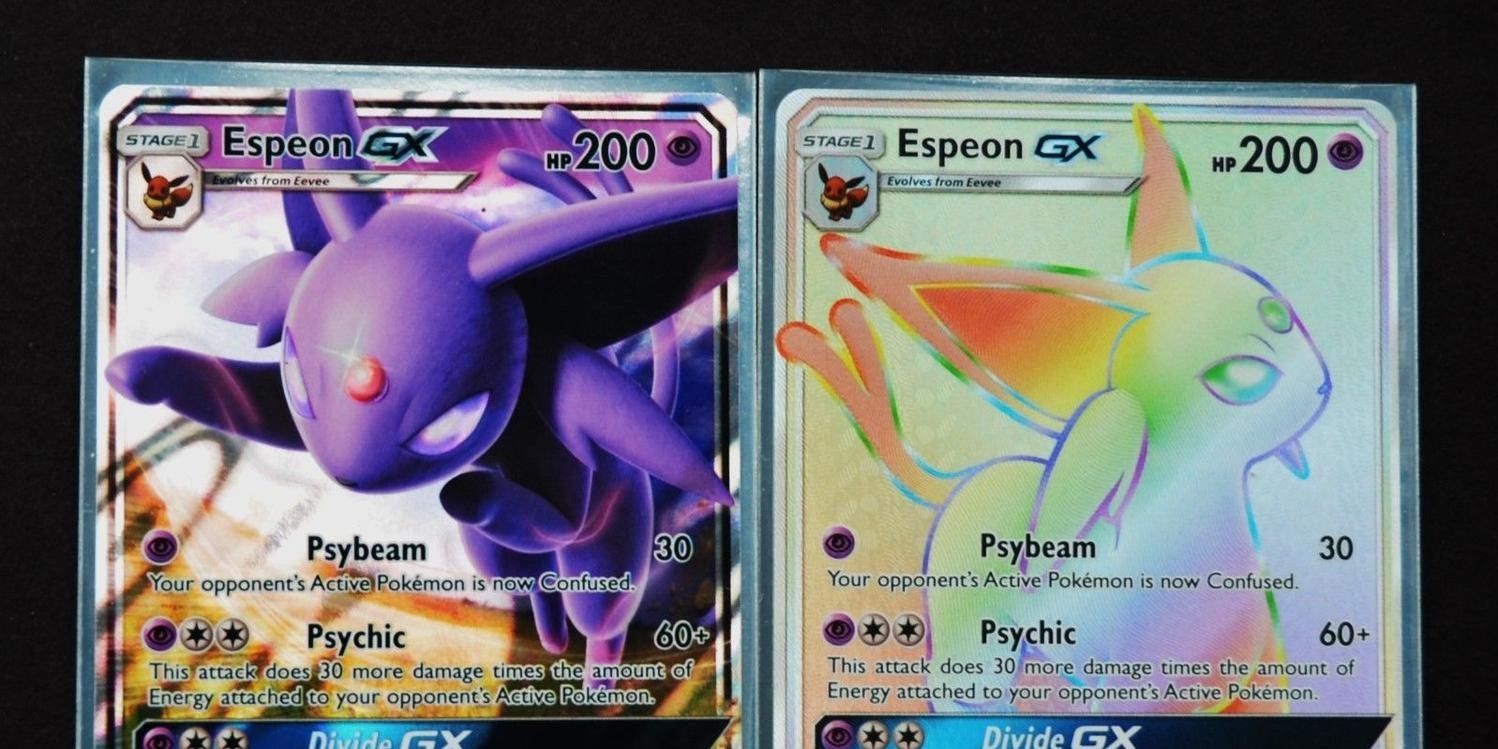 A normal Espeon card next to the rainbow rare