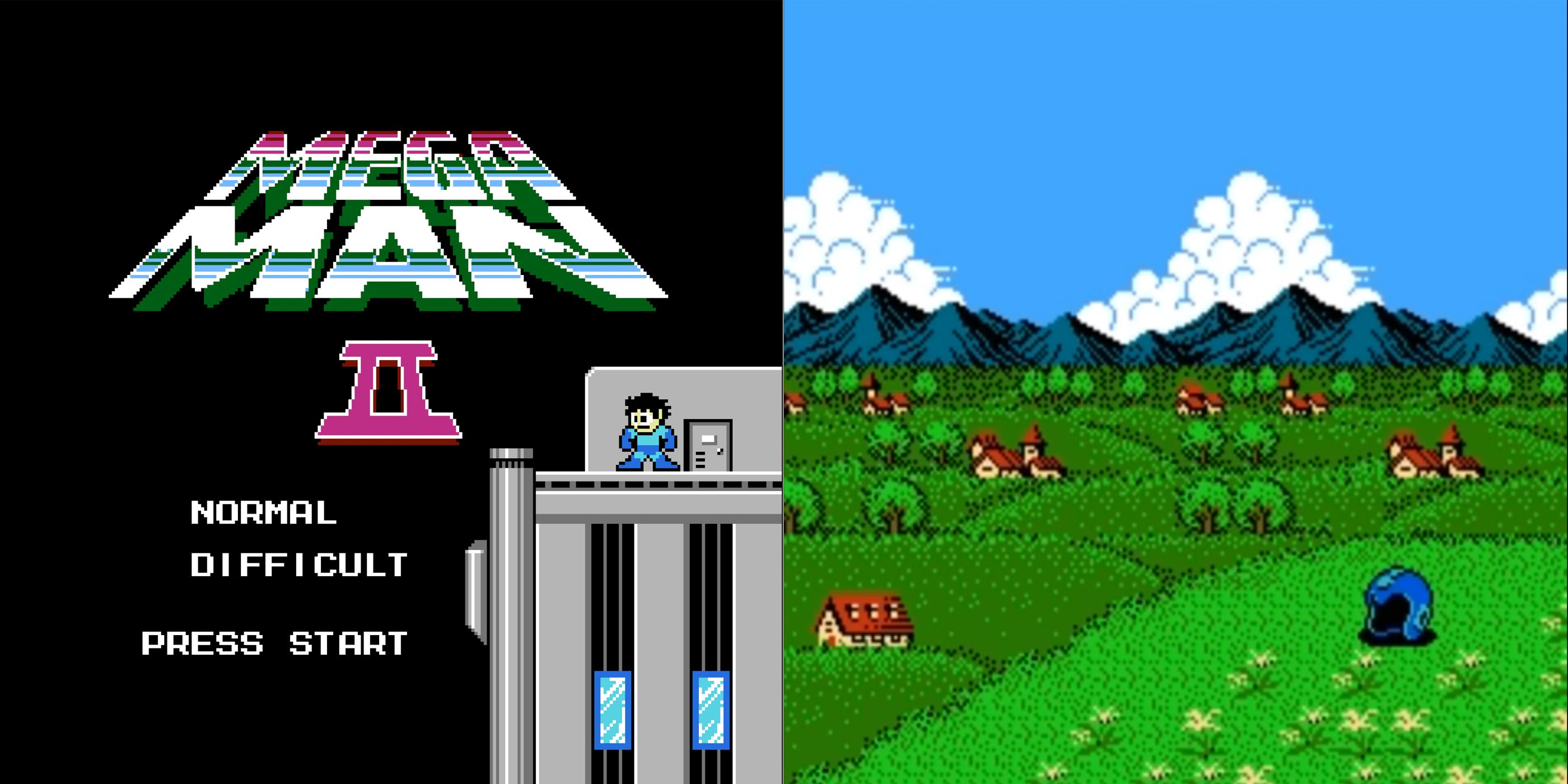 Mega Man 2 title screen for NES and megaman's helmet in a field