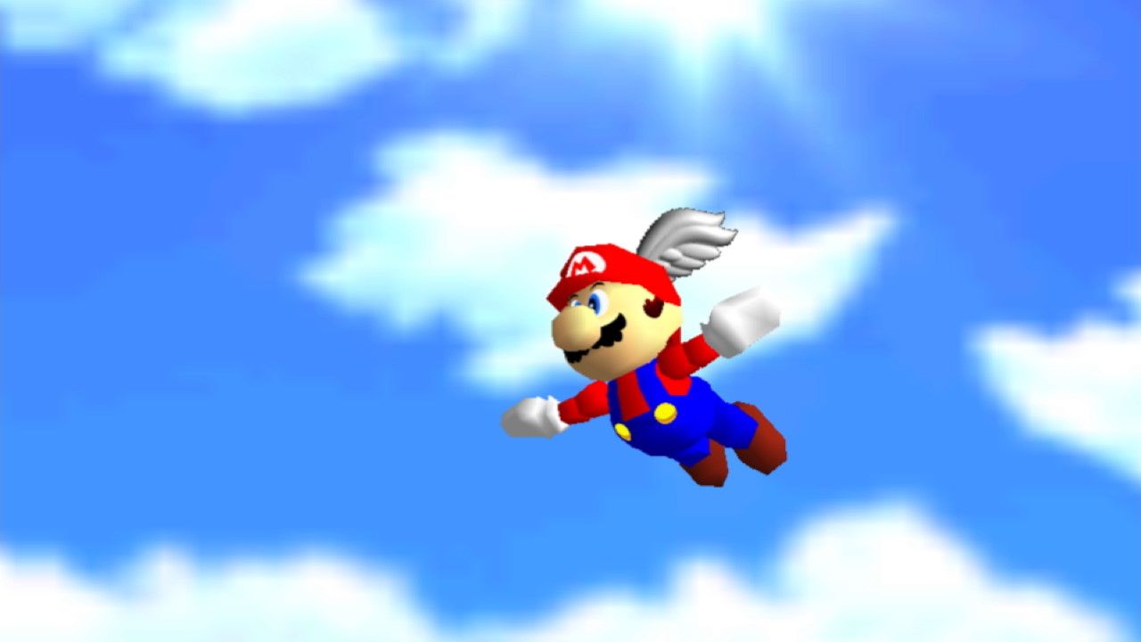 Mario flies through the air with his wing cap