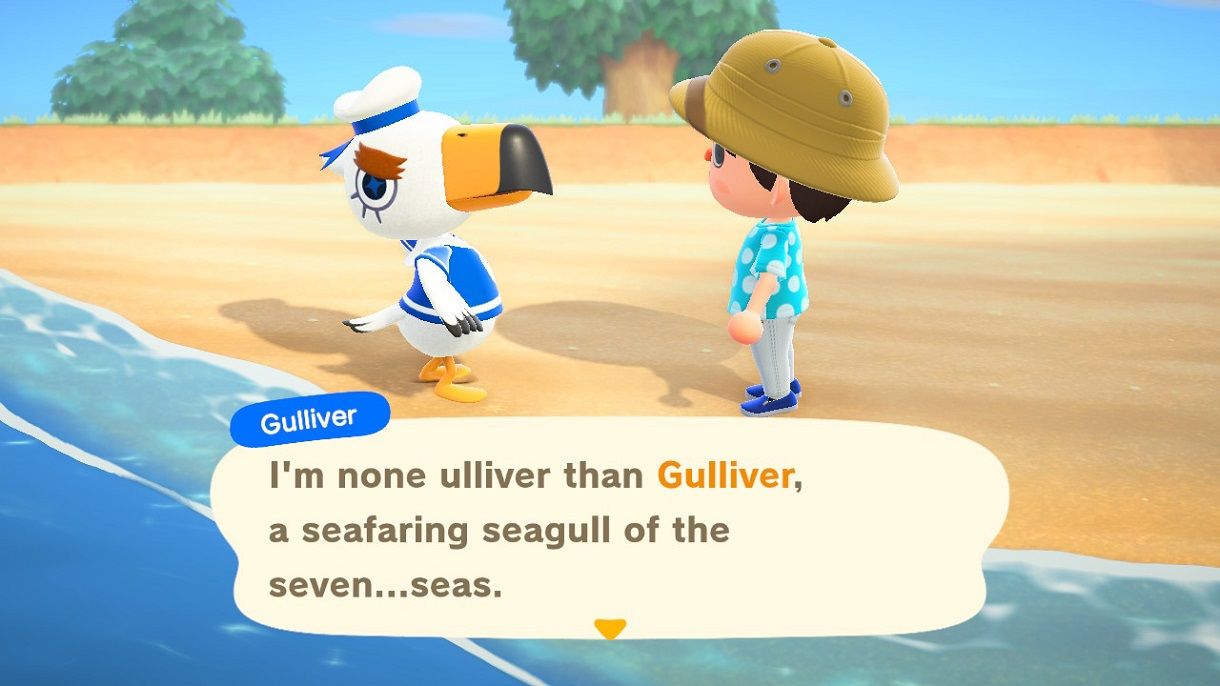 Gulliver on the beach in Animal Crossing: New Horizons