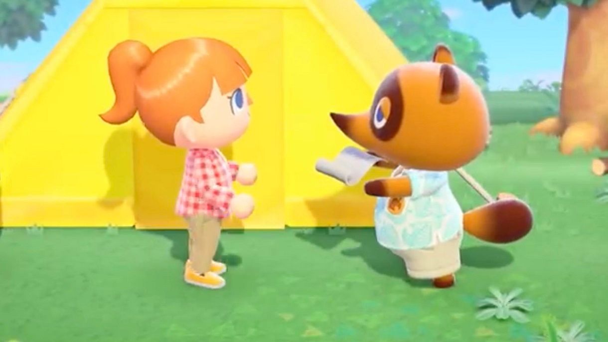 Tom Nook outside the player's tent in Animal Crossing: New Horizons