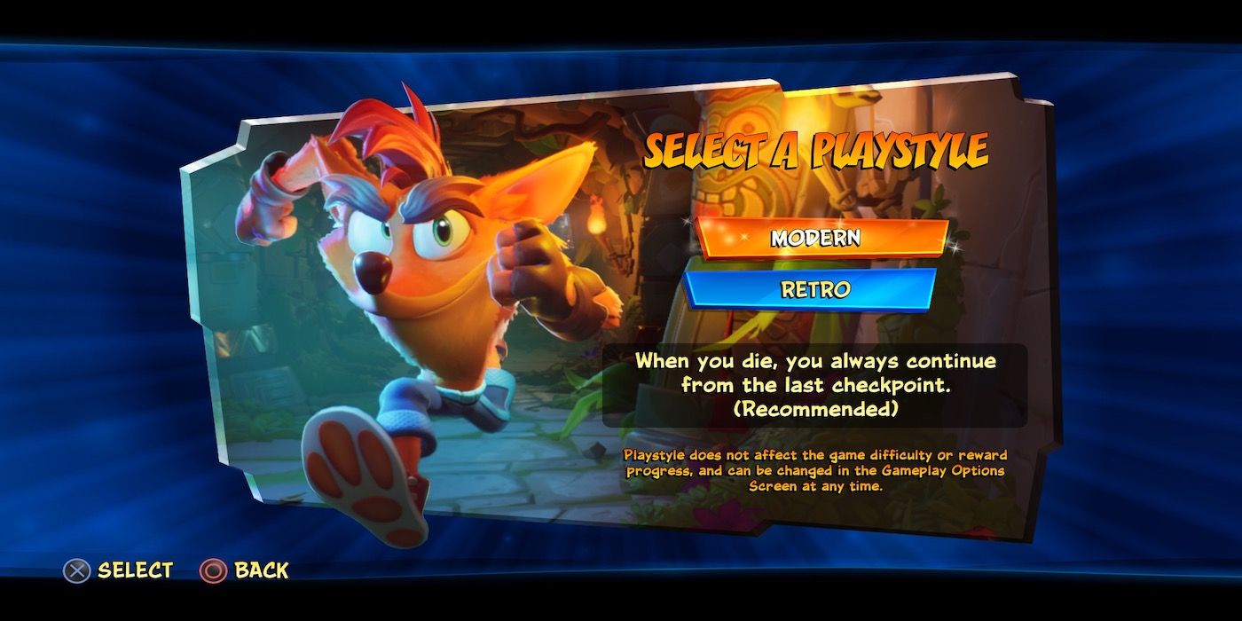 A menu screenshot from Crash Bandicoot 4.