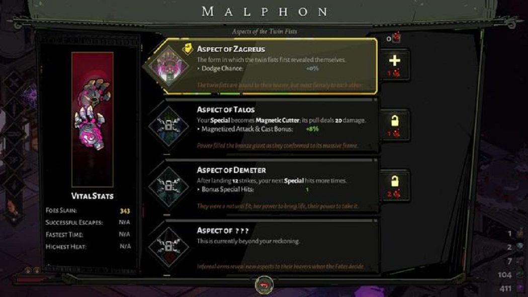 Hades Twin Fists of Malphon awakening menu