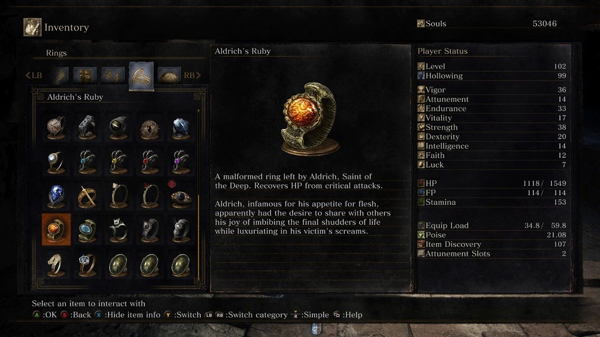 Aldrich's Ruby highlighted in Dark Souls 3's menu screen