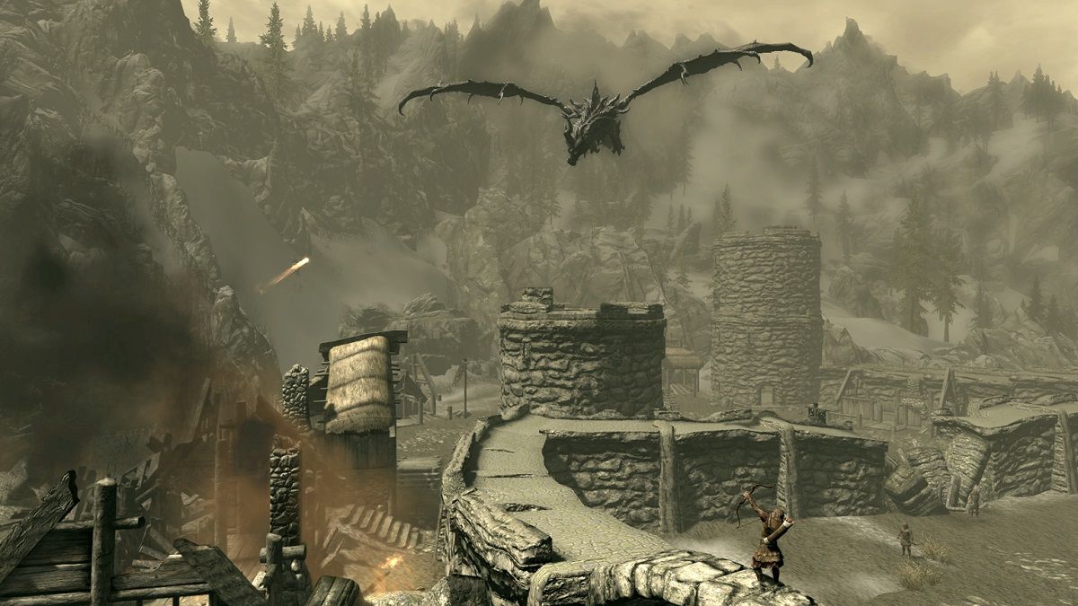 Alduin attacking Helgen in The Elder Scrolls V- Skyrim