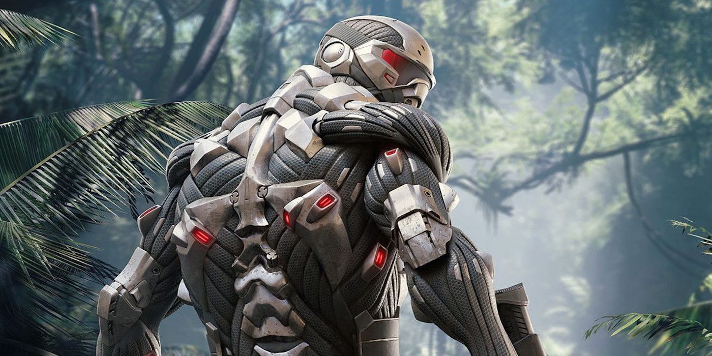 Promo art for Crysis Remastered cover art with Nomad turning his head back in the middle of the jungle landscape.