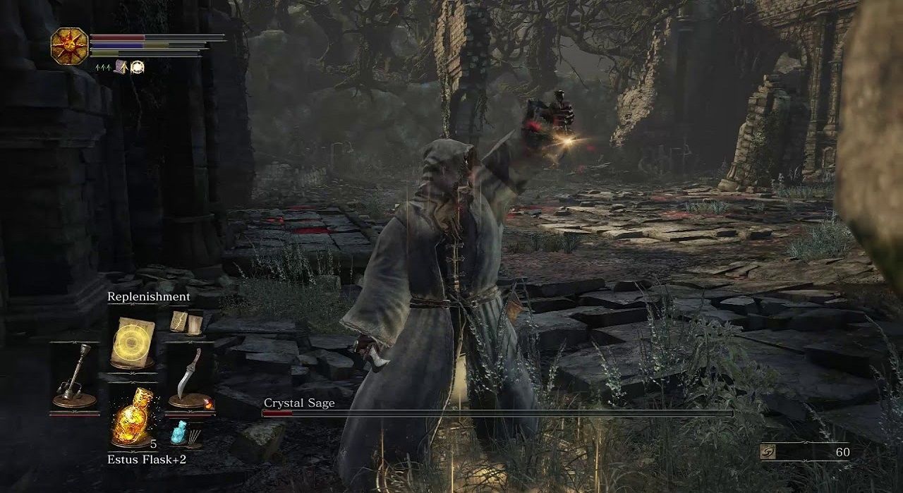 Using the Replenishment Miracle in Dark Souls III's Crystal Sage boss battle
