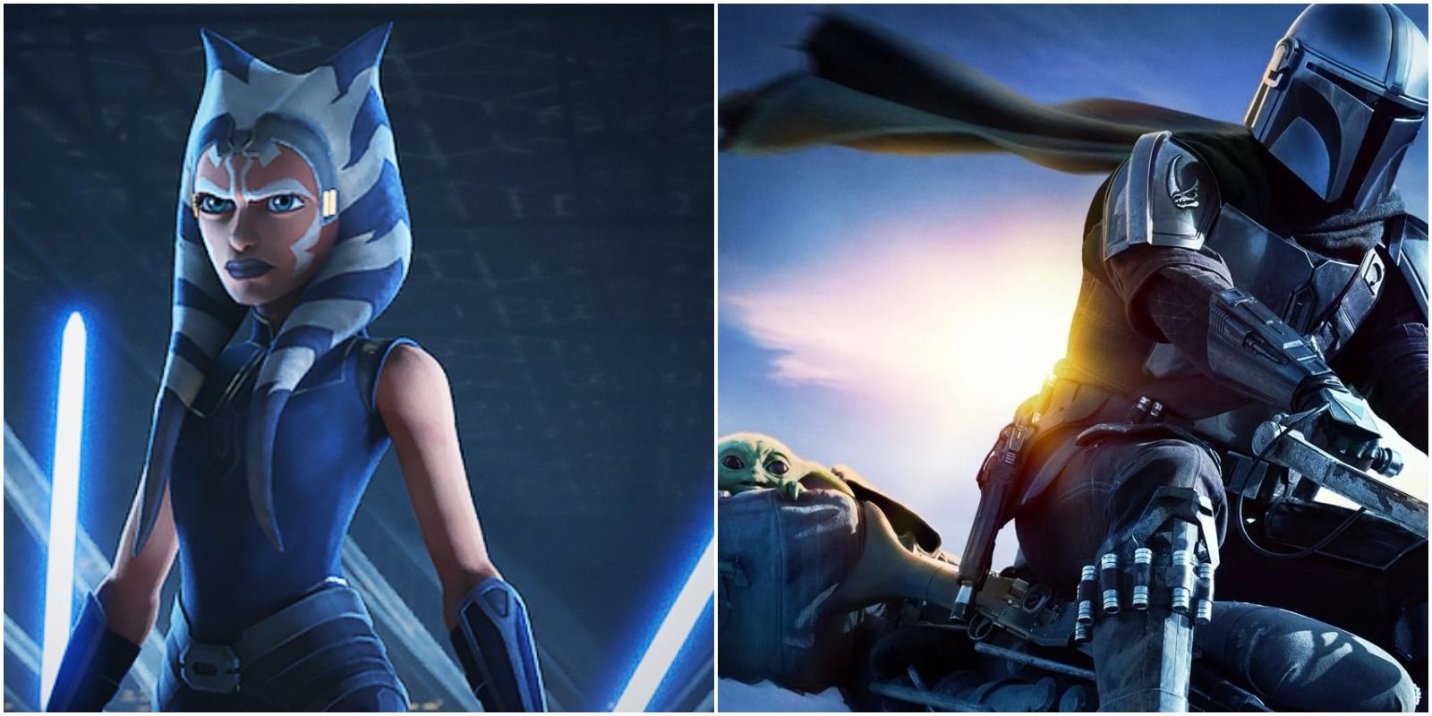 Ahsoka Tano from The Clone Wars animated series and a promo poster for The Mandalorian season 2