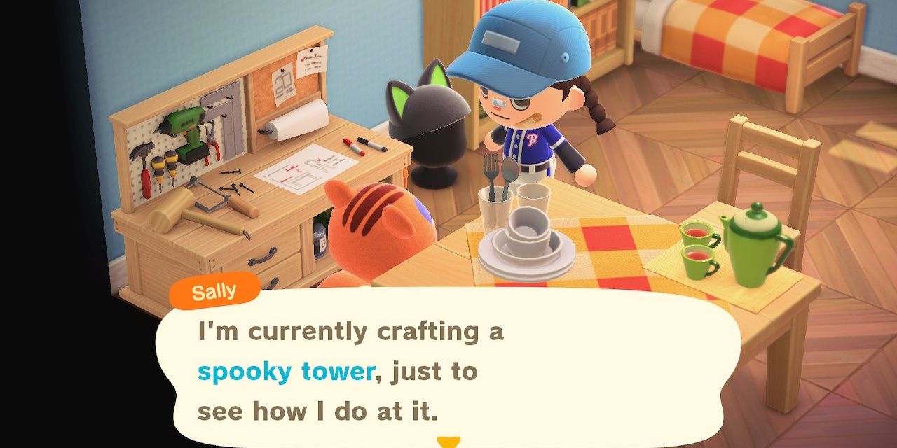 Animal Crossing collecting Spooky Set DIYs from crafting villagers