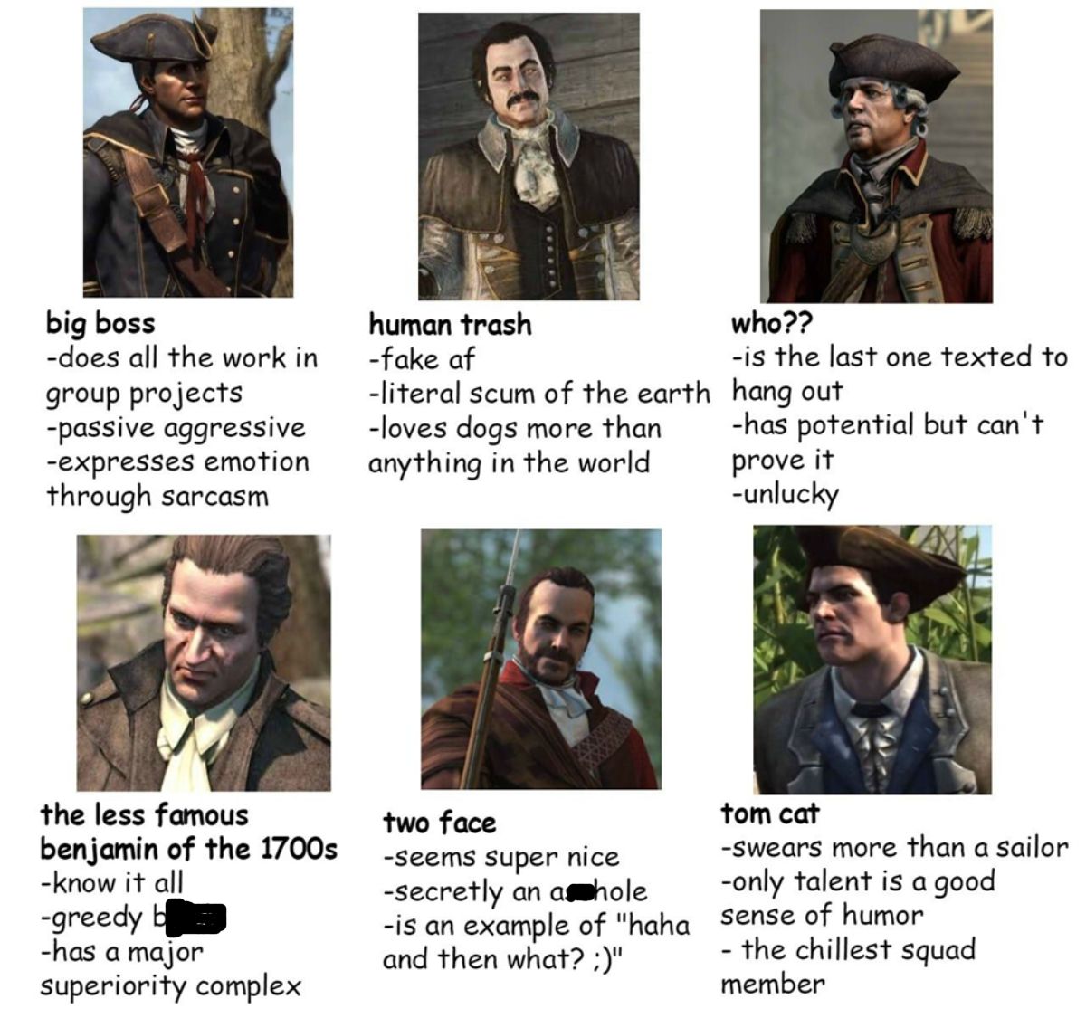 Assassin's Creed Each Member 18th Century American Templar Order Roles Meme