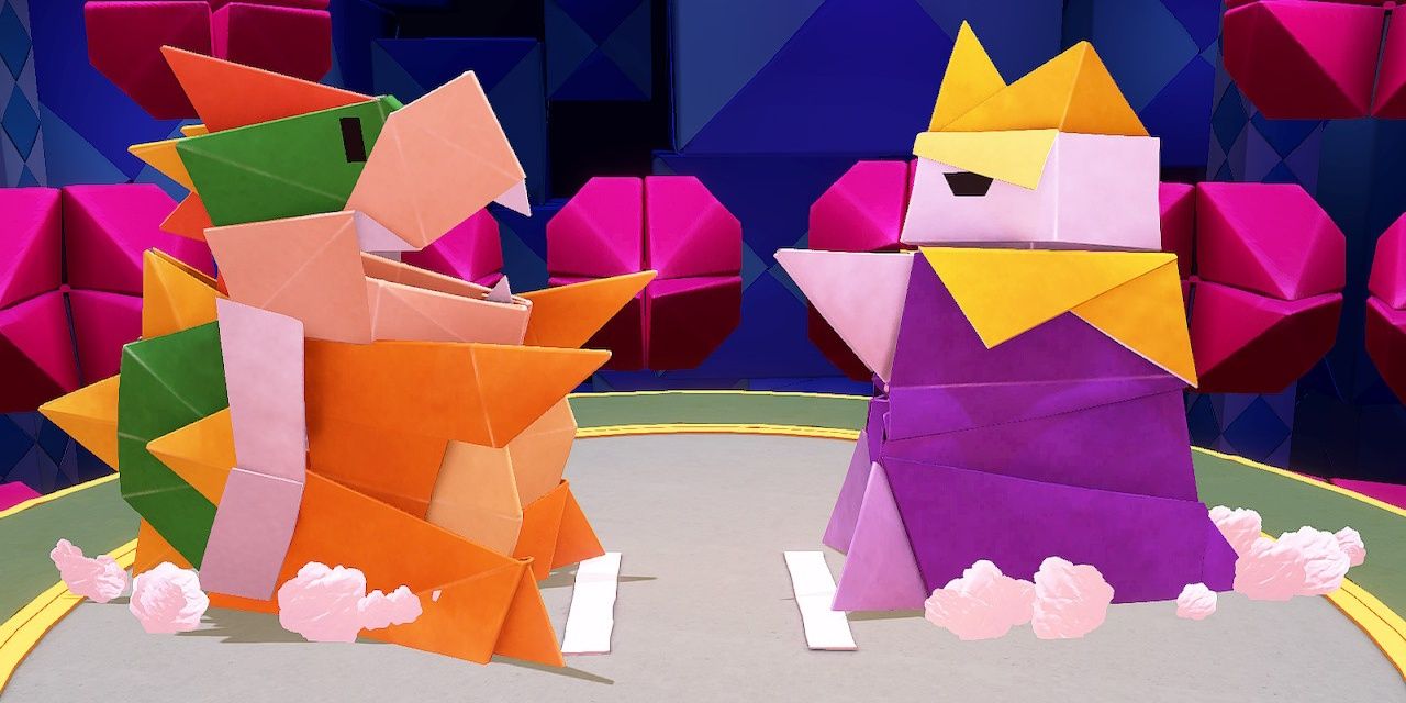 Paper Sumo Bowser fighting Paper Sumo Olly in Paper Mario: The Origami King