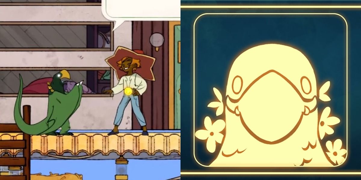 Buck talking to Stella on the left, his achievement for a fully improved house on the right